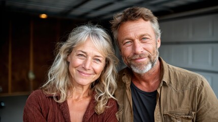 A joyful portrait capture of a middle-aged couple with warm smiles, showcasing love and companionship as they enjoy life's simple moments together in a cozy environment.