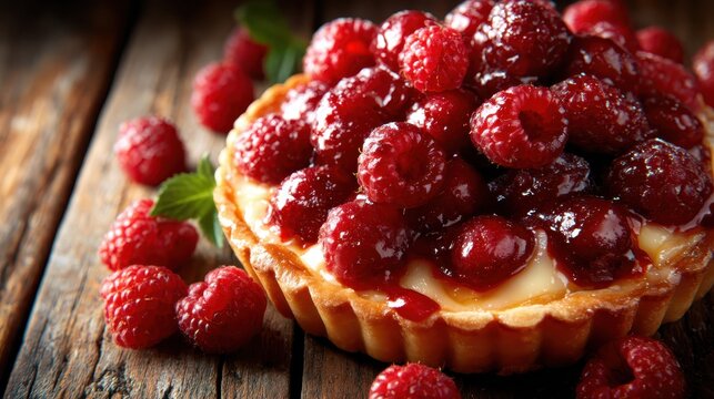 An appetizing raspberry tart adorned with fresh raspberries and a glossy glaze sits invitingly on a rustic wooden table, showcasing the flavors of dessert and freshness.