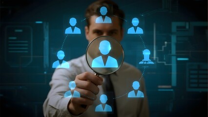 Businessman examining a network of digital profiles with a magnifying glass
