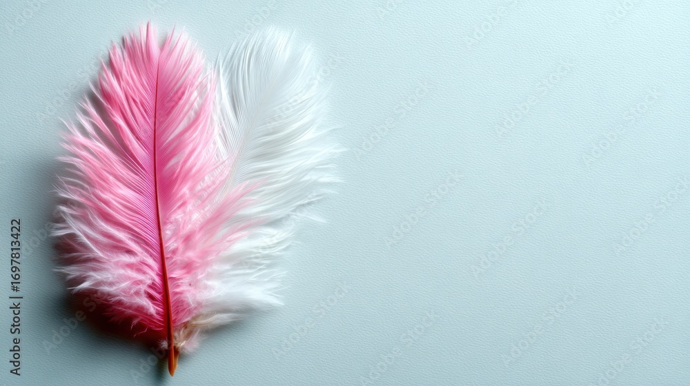 Poster this image features a stunning arrangement of pink and white feathers against a soft blue background