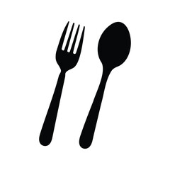 A bold black silhouette of a fork and spoon on white backdrop, spoon and fork silhouette vector illustration