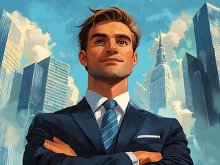 A confident businessman with arms crossed stands against a bright city skyline symbolizing ambition and success