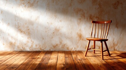 An empty wooden chair stands against a textured wall, embodying a sense of solitude and reflection, evoking thoughts about past memories and quiet moments of peace.