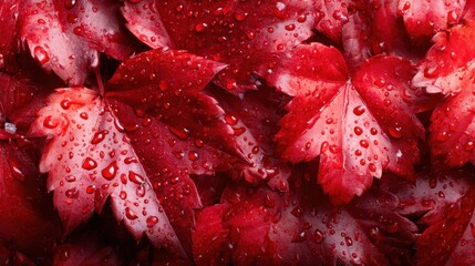 A close-up of vivid red leaves adorned with glistening water droplets, showcasing nature's beauty and the refreshing essence of autumn's change.