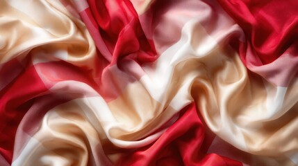 A close capture of flowing red and cream fabric, showcasing smooth draping that reveals texture, color depth, and the elegance of fabric in artistic expression.