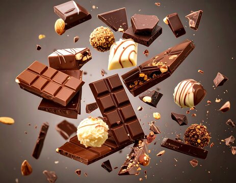 Assorted chocolates in mid-air, various shapes and types