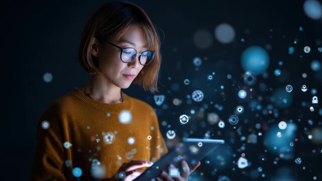 Woman with tablet, digital icons float around her, against dark background - Powered by Adobe