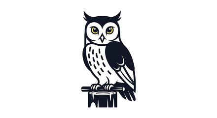 Black and white stylized illustration of an owl perched on a dark branch.