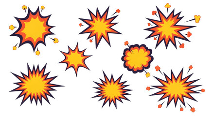 Cartoon Explosion Set with Yellow Orange and Dark Blue Outlines.
