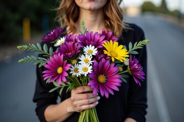 Naklejka premium A woman's hand holding a colorful bouquet of wildflowers against an urban industrial background