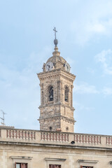 San Miguel Church Bell Tower With Clock In Vitoria-Gasteiz Plaza Virgen Blanca Spain. Gothic Renaissance, Basque Country, Celadon festival tower