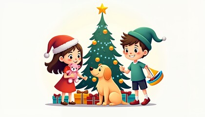 Naklejka premium Children dog Christmas tree gifts festive celebration holiday girl