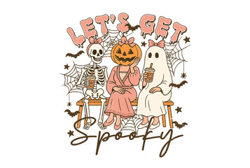 Lets get spooky halloween illustration with skeleton, pumpkin, and ghost characters sitting on a bench, isolated on transparent background