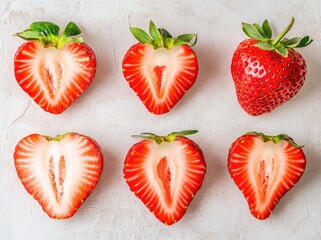 Six halved strawberries arranged in a grid pattern on a light beige surface