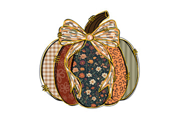 Patchwork pumpkin with bow, isolated on transparent background
