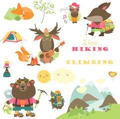 Cartoon characters and mountaineering elements. Vector collection