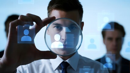Man examining a digital profile through a magnifying glass, with holographic user icons in the background.