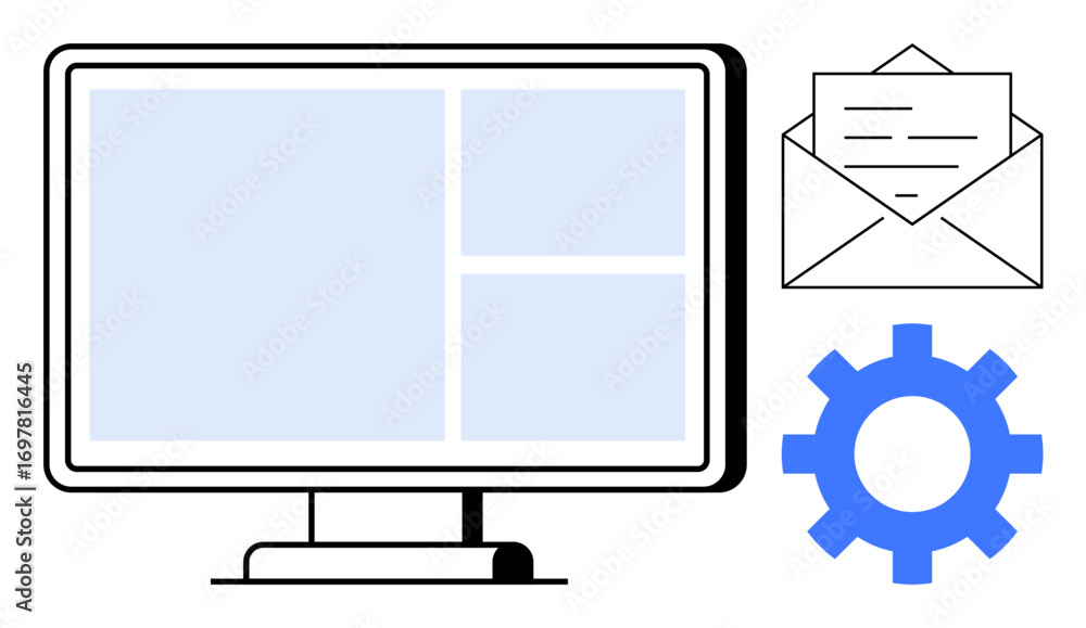 Poster computer monitor with layout interface, envelope representing email, and a gear icon for system conf