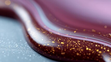 Elegant abstract close up of viscous purple liquid in motion with shimmering gold glitter, glossy cosmetic texture creating luxurious smooth flowing wave macro pattern - Powered by Adobe