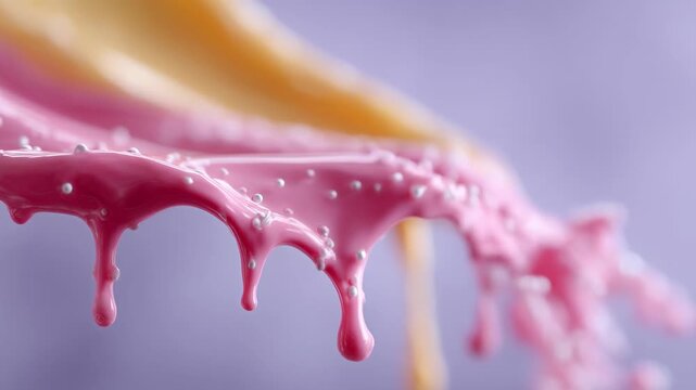 Abstract macro detail of pink liquid paint with beautiful fluid texture, showing dynamic motion, splash, and drip effects against soft pastel purple background