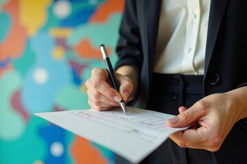 Naklejka premium Bird's eye view of a businesswoman's hand writing a check in front of a colorful mural wall