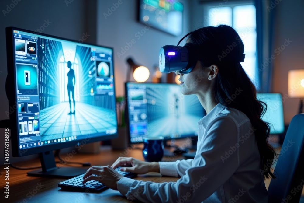 Poster using virtual reality technology to edit and enhance photos on a holographic computer interface: a f