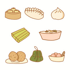 Sticky rice dumpling, meat dumpling, bun, porridge, rice cake, tanguan clipart with outline set. 