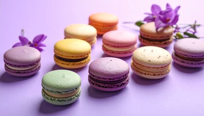 Fototapeta premium Colorful macarons on purple background