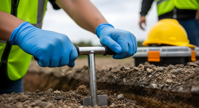A close-up shot of a person wearing blue gloves and a high-visibility vest, using a soil sampling tool to collect a sample from the ground.