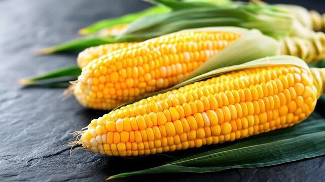 Fresh corn on the cob with husk and dark background