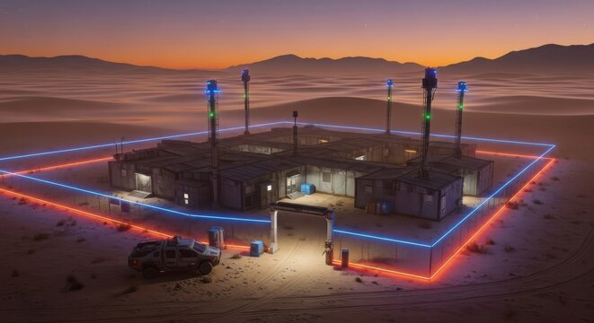 Remote desert outpost with glowing blue and red perimeter lights, a vehicle, and distant mountains at sunset