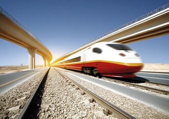 High-speed train under highway overpasses