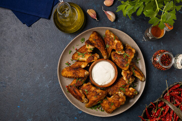 Baked chicken wings. Served with sauce or fries.