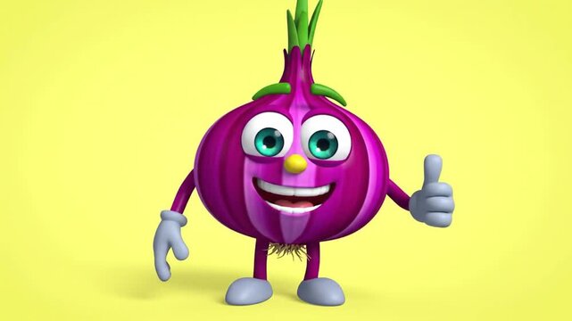 Animated red onion character giving thumbs up on yellow background