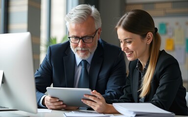 Fototapeta premium Mature senior leader man in suit and young employee woman working together on project on tablet pad device in office. Team of two colleagues of professional business people using computer. Vertical