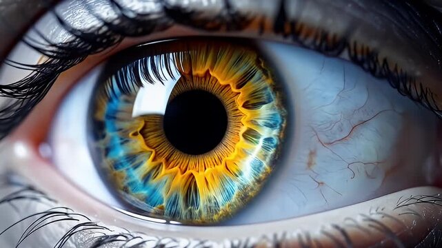 Extreme closeup of an eye featuring vibrant gold and blue colors in the iris pattern
