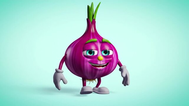 Animated red onion character on blue background 3 d rendering