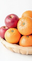 Fresh apples and oranges in a shallow woven basket