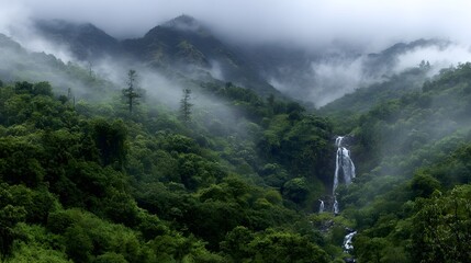 panoramic aerial waterfall jungle mist scene