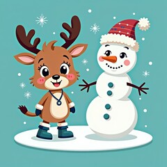 Cute reindeer and snowman friends celebrating winter christmas