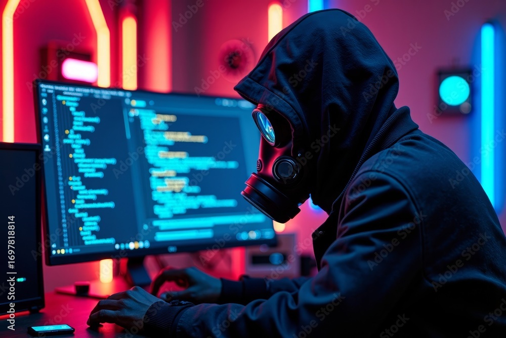 Poster cyberpunk dreams: hacker in gas mask encrypting files amid neon lights and digital code