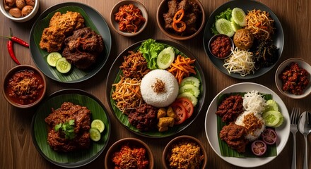 An elaborate and delicious spread of traditional Indonesian cuisine, featuring rice, rendang, and various sambals on a wooden table.