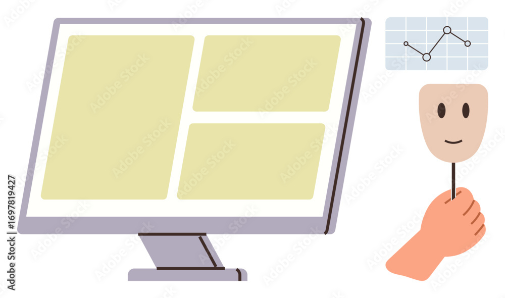 Poster computer monitor displaying data or analytics, mask held by hand signifying anonymity, and chart for