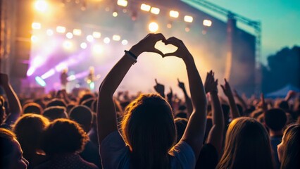 The concert audience creates a heart with their hands, enjoying the moment. The lighting effects and the energy of the crowd create an atmosphere of unity.