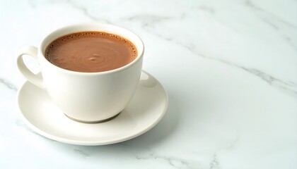 Fototapeta premium A simple cup of delicious hot chocolate on a bright white marble background. A clean, minimalist image perfect for menus or blogs, with plenty of copy space.