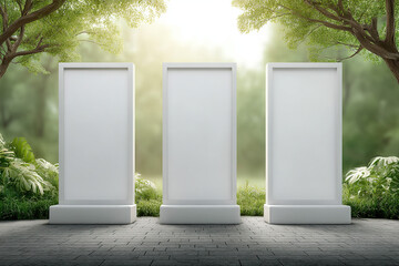 Three blank white display stands in a park setting, ideal for advertisements, announcements, or informational signage. Ready for content.
