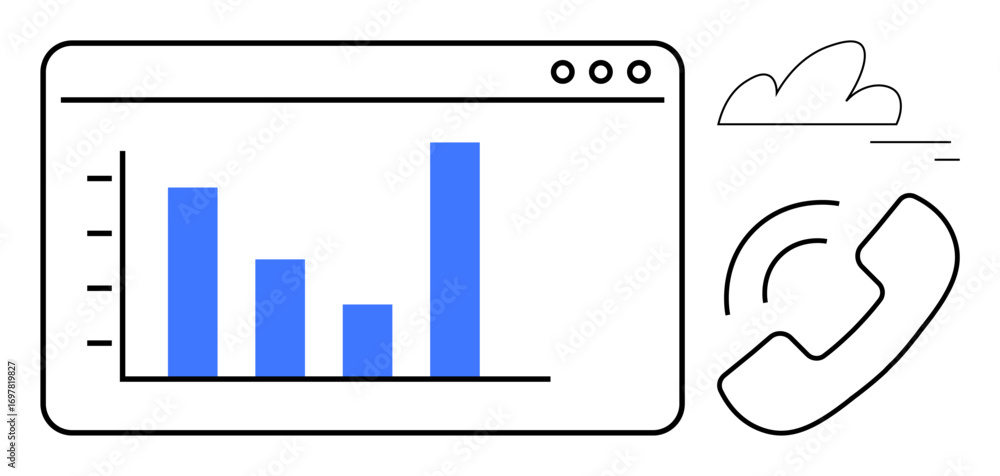 Poster bar chart on a digital screen represents data insights. phone icon connects to communication theme. 