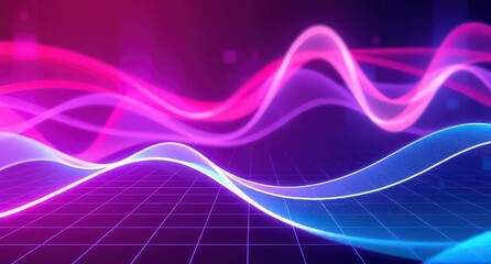 Futuristic neon waves with glowing grid