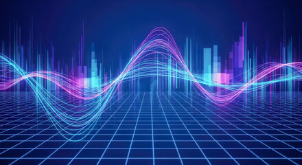 Futuristic abstract grid with neon waveforms and glowing lines.