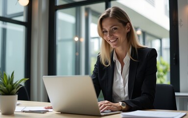 Smiling middle aged business woman using laptop at work in office. Professional female executive entrepreneur in suit working on computer pc at company workplace, doing financial analyze. Copy space